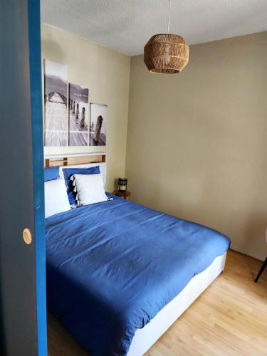 - une chambre avec un grand lit bleu dans l'établissement Appartement ARCACHON, à Arcachon