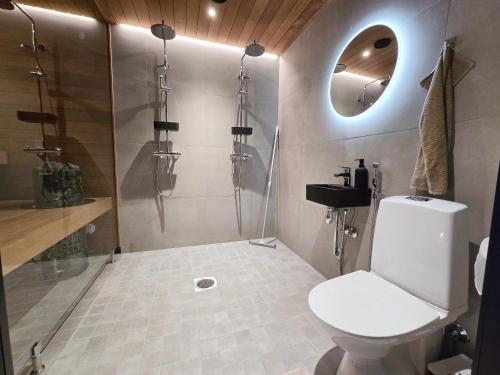 a bathroom with a toilet and a shower at Villa Sirius, Äkäslompolo, Ylläs in Äkäslompolo