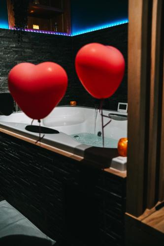 two red hearts sitting on top of a bath tub at La maison d Aurore loft et spa privatif in Couvin