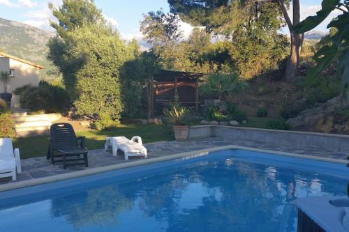 une piscine avec deux chaises à côté d'une maison dans l'établissement Appartement T2 entre mer et montagne proche Calvi, à Calenzana
