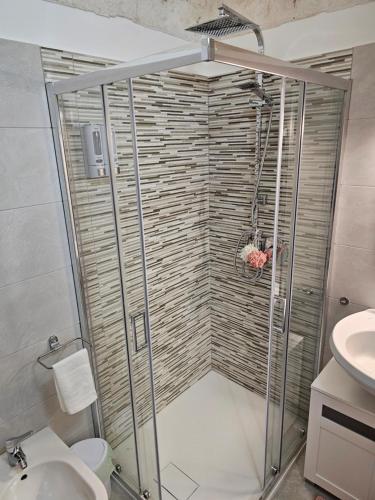 a shower in a bathroom with a toilet and a sink at PietraRosa Apartment in Triggianello