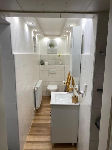 Un baño blanco con inodoro y lavabo. en Niederfischbach Ferienwohnung, en Niederfischbach