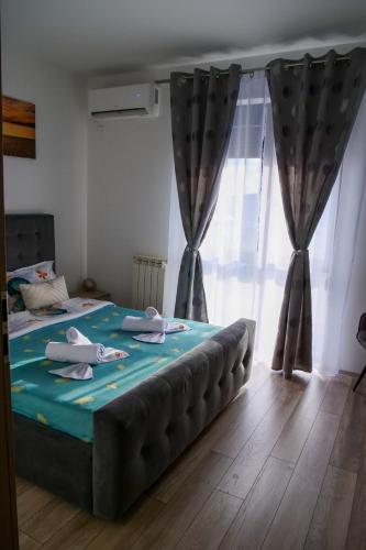 a bedroom with a bed with blue sheets and a window at Apartament Panorama Baile Felix in Baile Felix