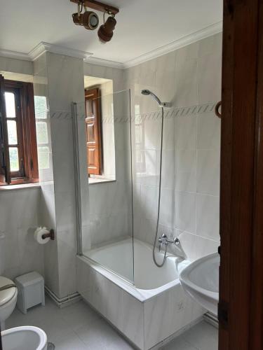 a bathroom with a shower and a tub and a sink at Posada Paz in Hinojedo