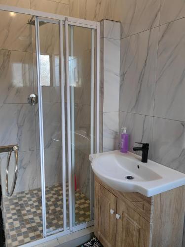センチュリオンにあるChoosers Express Boutique Hotel Room 5のシャワーと白い洗面台を備えたバスルーム