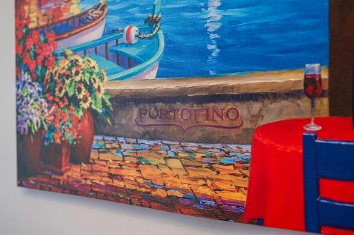 a painting of a pier with boats and flowers at TERRAZZA PORTOFINO Splendido appartamento con piscina idromassaggio - PARCHEGGIO GRATIS in Santa Margherita Ligure