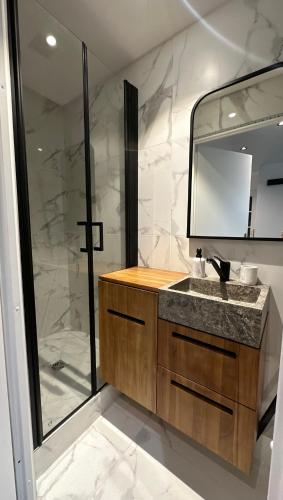 une salle de bain avec une douche, un lavabo et un miroir dans l'établissement Appartement à Ris Orangis, à Ris-Orangis