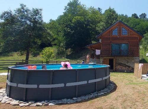 a family in a pool in front of a house at Brvnara Lepota življenja in Dragolj
