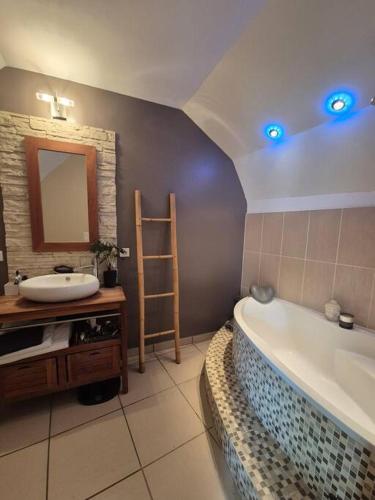 une salle de bain avec une baignoire, un lavabo et un miroir dans l'établissement Maison avec jardin, à Vestric-et-Candiac