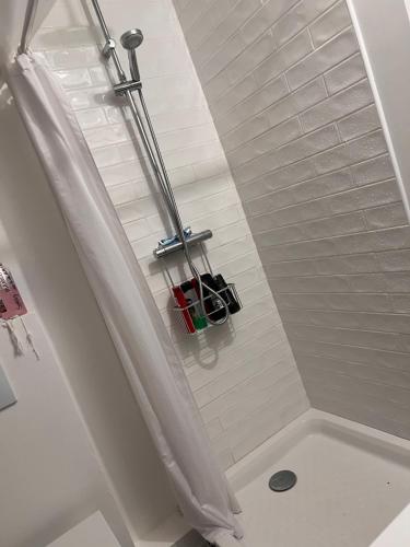 une douche avec un rideau de douche dans une salle de bain dans l'établissement Charmante chambre cosi, à Bretteville-sur-Odon