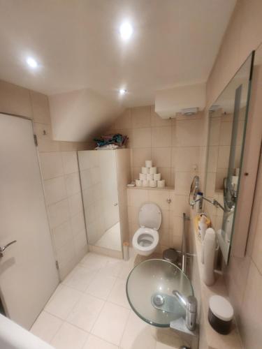 a small bathroom with a toilet and a sink at Cavaye house in London
