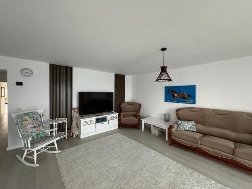 a living room with a couch and a tv at Lazăr Home in TÄƒuÅ£ii MÄƒgheruÅŸ