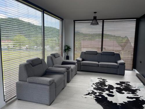 a living room with two couches and a couch at Lazăr Home in TÄƒuÅ£ii MÄƒgheruÅŸ