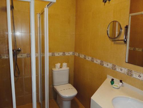 a bathroom with a toilet and a sink and a shower at Hotel Vitorio in Cudillero