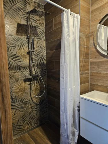 a bathroom with a shower and a shower curtain at Leśniczówka w Choińcu Gospodarstwo Agroturystyczne in Pielgrzymka
