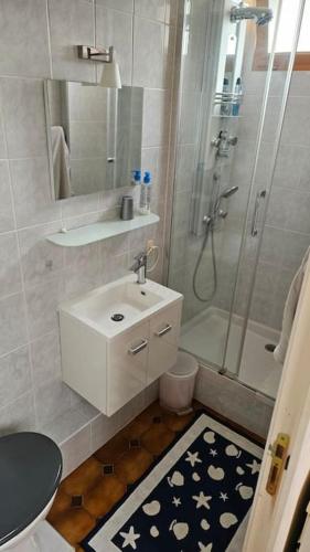 une salle de bain blanche avec un lavabo et une douche dans l'établissement Petite maison avec terrasse, à Bezons