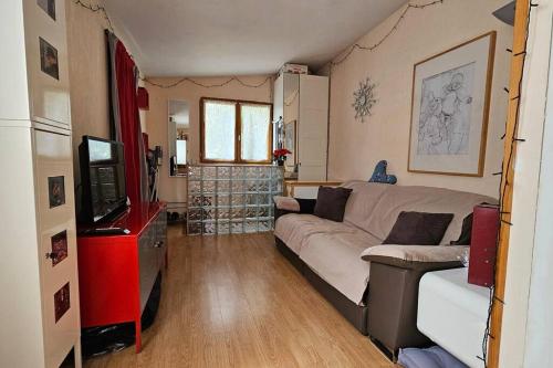 a living room with a couch and a television at Petite maison avec terrasse in Bezons
