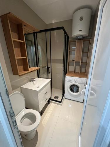 a bathroom with a toilet and a washing machine at Apartman Silver Bg in Kneževac