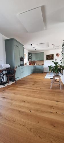 a large room with a wooden floor and a kitchen at Vila Zavino in Branik