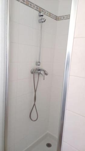 une douche avec un tuyau suspendu au-dessus d'un lavabo dans l'établissement A 2 pas de la mer, à Hautot-sur-Mer