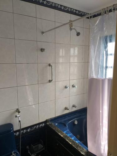 a bathroom with a blue tub and a shower at casa das flores in Canoas