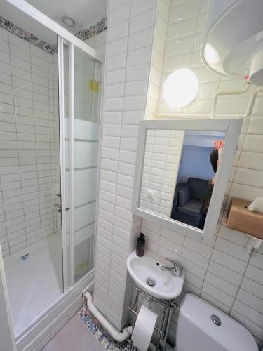 une salle de bain avec un lavabo, des toilettes et un miroir dans l'établissement Studio Montmartre, à Paris