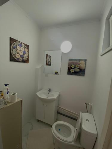a white bathroom with a toilet and a sink at Casa Mimi in Oradea