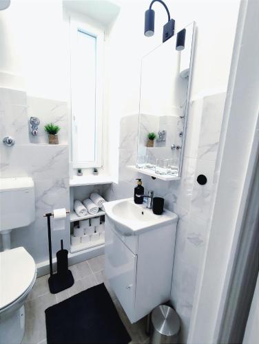 a white bathroom with a toilet and a sink at Apartman Rijeka centar in Rijeka