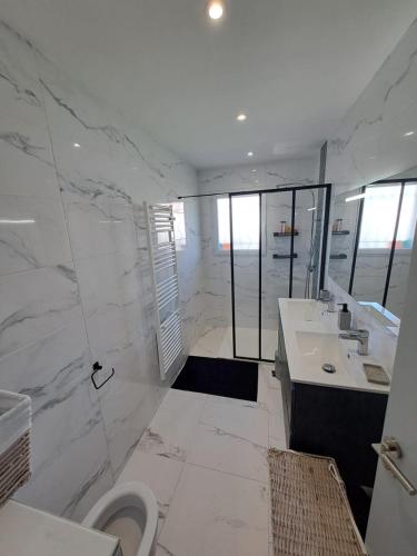 une salle de bain blanche avec des toilettes et un lavabo dans l'établissement Maison, à Lunel