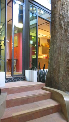 a building with stairs in front of a tree at The Nest in Ajijic