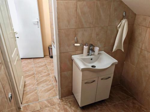 a small bathroom with a sink and a shower at Apartman Popović in Niš