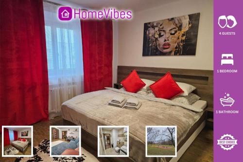 a picture of a bedroom with a bed with red pillows at Moderní velký byt 2+kk u soutoku in Hradec Králové