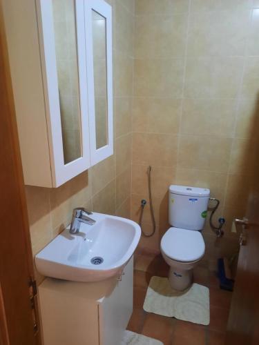 a bathroom with a sink and a toilet and a mirror at Amsa Tetouan in Chozas