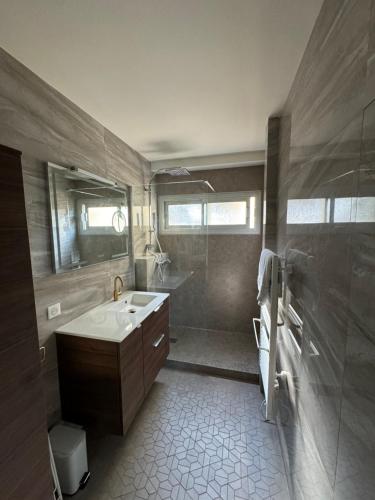 une salle de bain avec un lavabo et une douche dans l'établissement 3 Pieces Vue Mer et acces plages, Proche Monaco, à Cap d'Ail