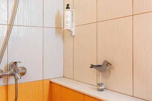 a bird sitting on a shelf in a bathroom at Potam'Sea Bliss 35- Beach Front, Sun Beds & Parking in Himare