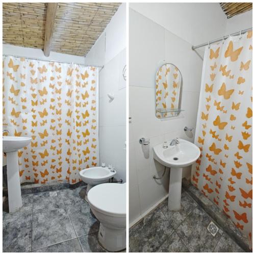 two pictures of a bathroom with a toilet and a sink at La Casa de Lila in Tilcara