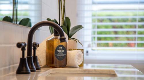 een keukengootsteen met een fles zeep naast een kraan bij Coachwood Cottage in Robertson