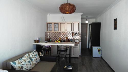 a kitchen with a couch and a counter in a room at Studio Apartment in New Gudauri 2 in Gudauri