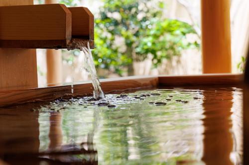 a stream of water coming out of a water fountain at Shoraiso in Yamanouchi
