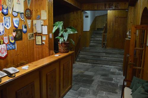 a long hallway with a wooden wall with a potted plant at Hotel Hani Zisi in Chania