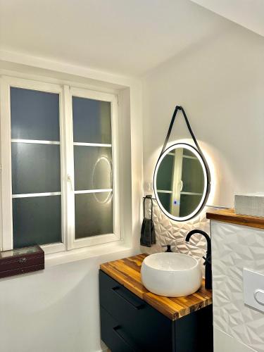 une salle de bain avec un lavabo et un miroir sur un comptoir dans l'établissement Appartement chaleureux, à Saint-Florent-sur-Cher