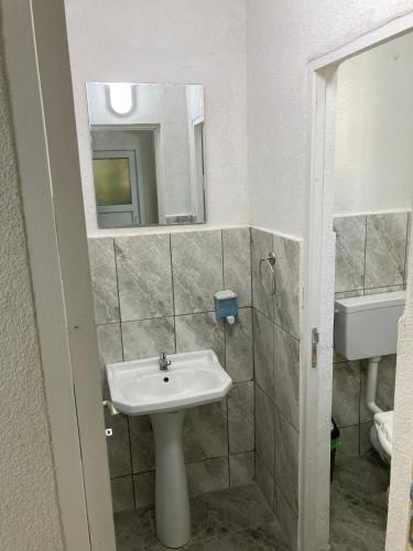 a bathroom with a sink and a mirror at Bungalowri Exotic in Costinesti