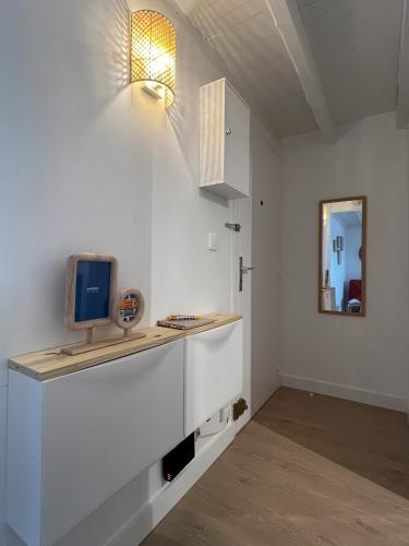 Il comprend une cuisine avec un évier et une télévision sur un comptoir. dans l'établissement Narbonne-Plage Méditérranée, à Narbonne-Plage