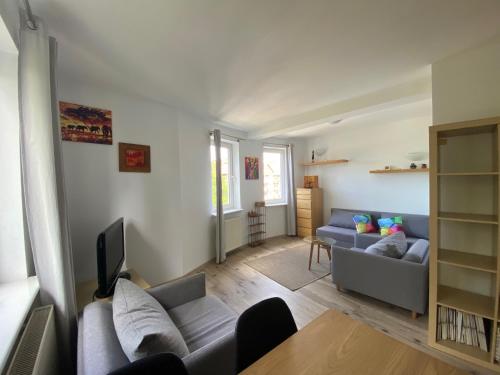 Ruang duduk di Apartament Pomarańczowy - kawalerka w Śródmieściu
