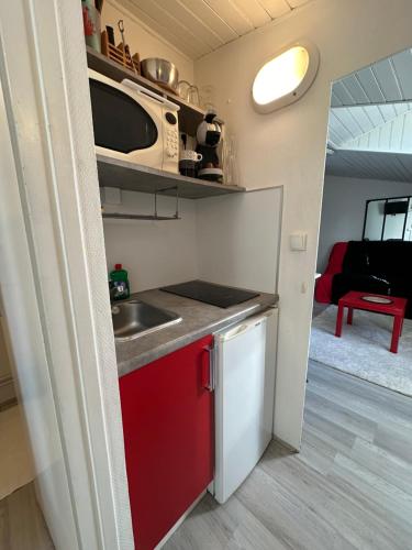 une petite cuisine avec un évier et un micro-ondes dans l'établissement Charmant studio Carmes 5 - CDDT, à La Rochelle