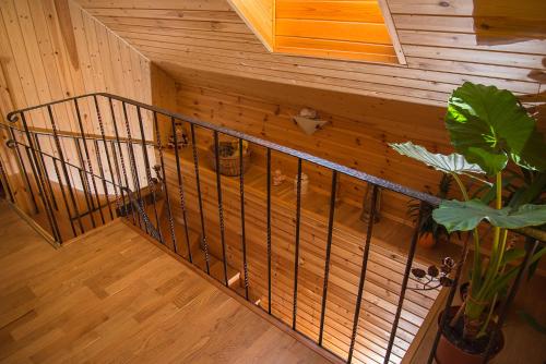 an overhead view of a staircase in a room with wooden walls at U Martinov in Poniky