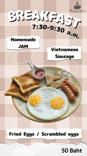 a plate of breakfast with eggs sausage and toast at Kanecha's Home Lampang in Lampang