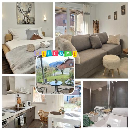 un collage de photos d'un salon avec un canapé dans l'établissement Snow Home by So'SerenityHome-Jardin-Parking-Calme, à Marignier