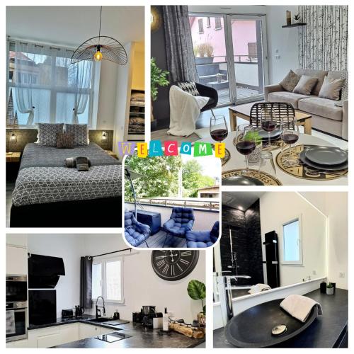 un collage de photos d'une chambre et d'un salon dans l'établissement Black&White Home-by So'SerenityHome-Balcon-Parking, à Cluses