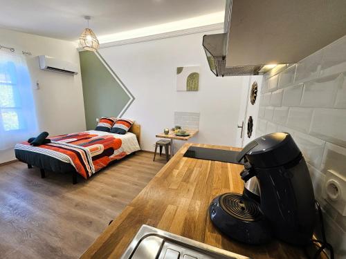 une petite chambre avec un lit et une cuisine dans l'établissement Tout confort ! Ville, Climatisation, Parking, Wifi, Calme, TV, à Carcassonne